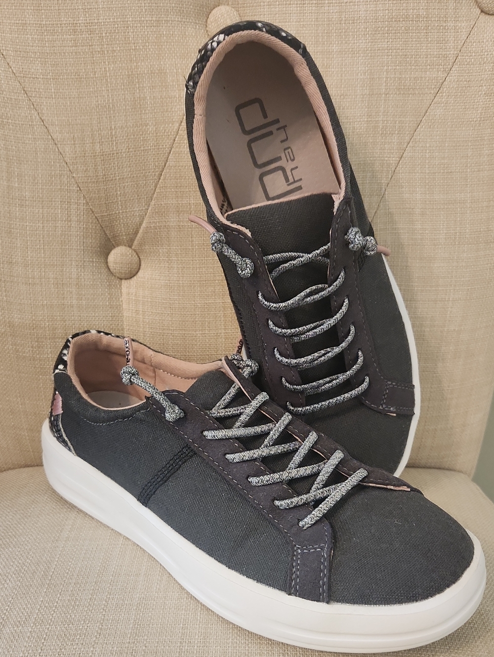 Hey Dude Charcoal Gray Sneakers with Pink Accents
